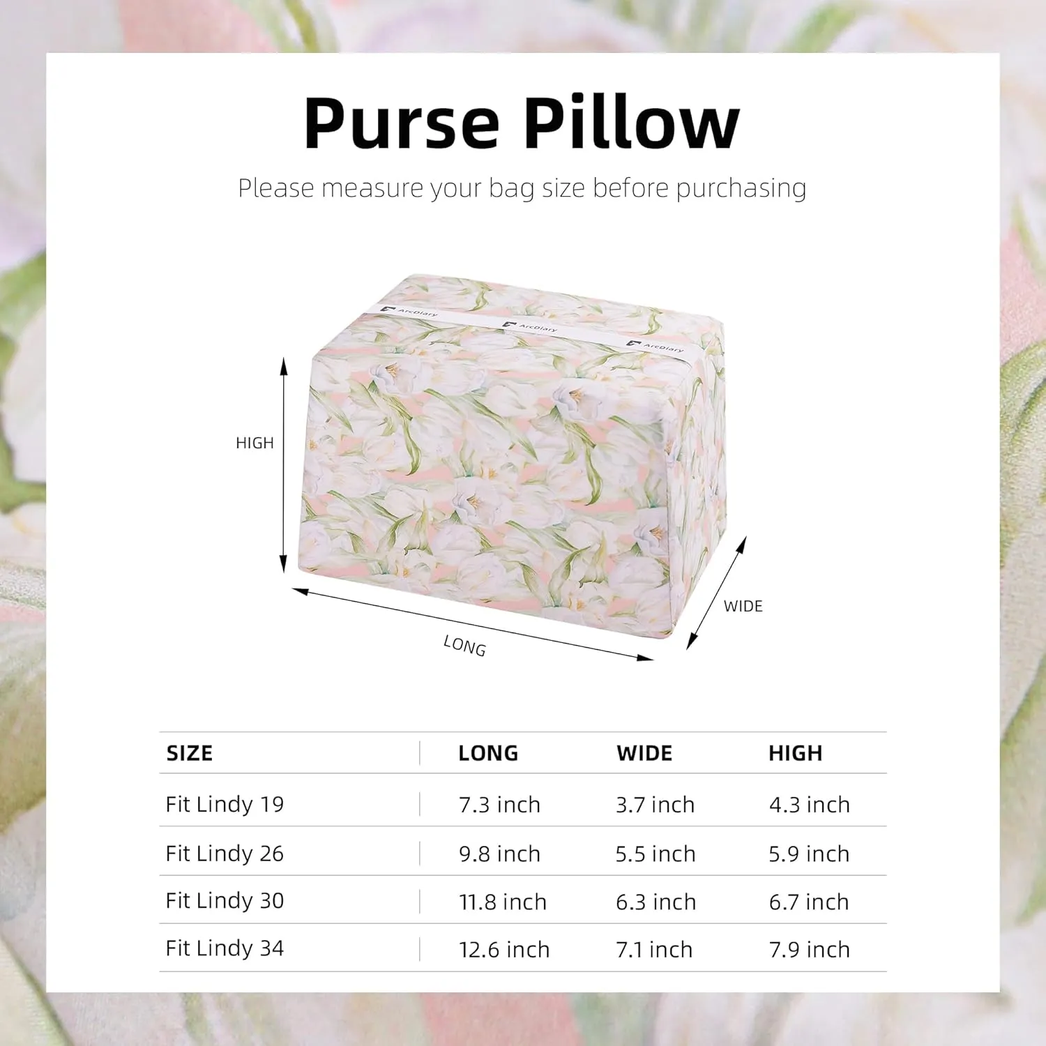 Purse Pillow Shaper Insert, unique pattern handbag shapers, Memory Foam, for Lindy 19/26/30/34 bags (Lindy19,French Tulips)