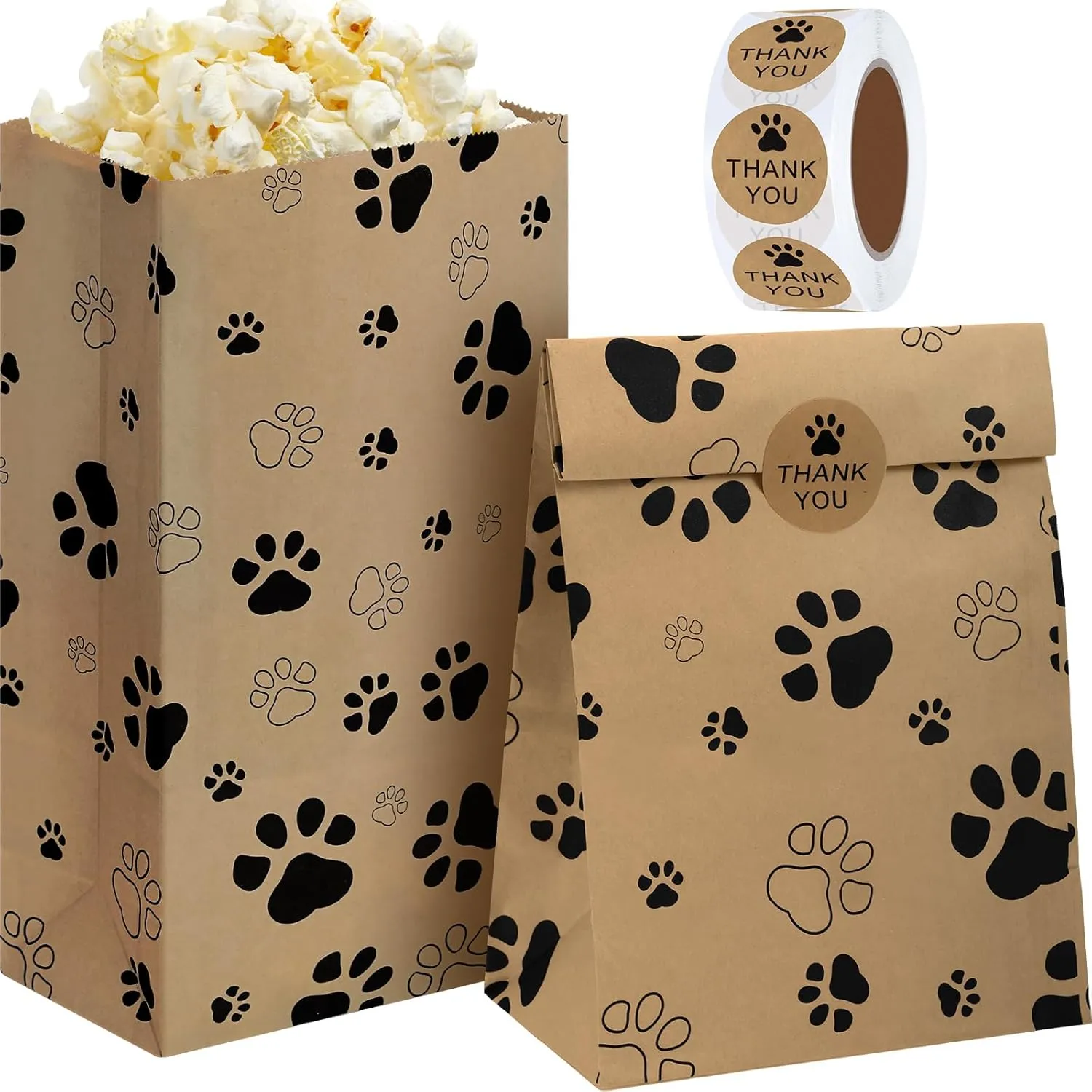 Qilery 200 Pcs Paper Lunch Bags Bulk Paw Bags 3lb 11.02 x 5.91 x 3.54 Inch Kraft Paper Snack Dog Treat Sacks Puppy Footprints Gift with Thank You Labels for Party Favors(Brown)