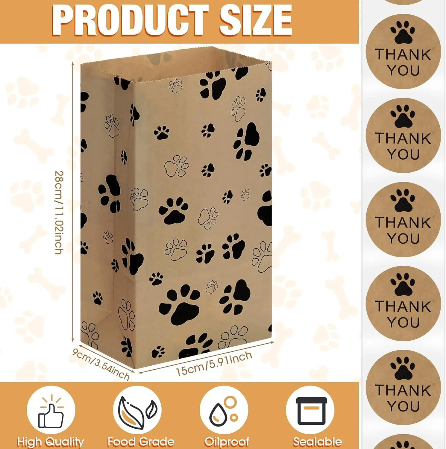 Qilery 200 Pcs Paper Lunch Bags Bulk Paw Bags 3lb 11.02 x 5.91 x 3.54 Inch Kraft Paper Snack Dog Treat Sacks Puppy Footprints Gift with Thank You Labels for Party Favors(Brown)