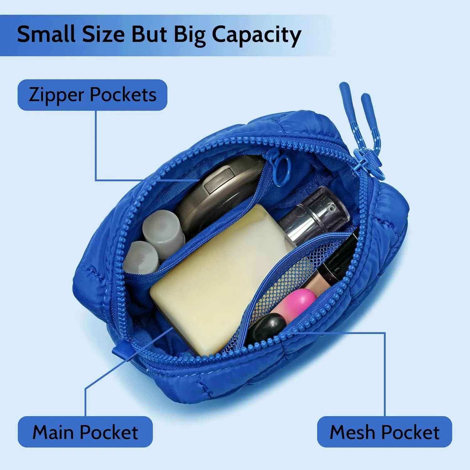 Quilted Cosmetic Bag, Puffer Makeup Bags, Crossbody Purses for women,Cute Travel Toiletry Bag for Women (Blue)