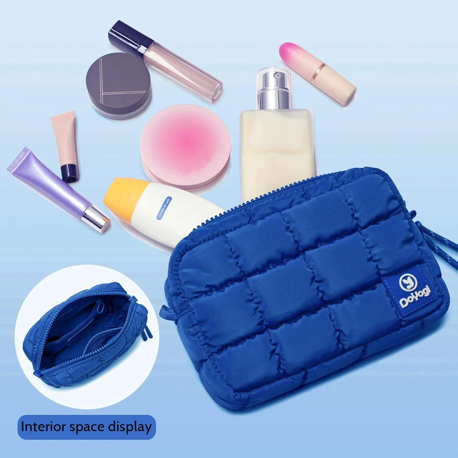 Quilted Cosmetic Bag, Puffer Makeup Bags, Crossbody Purses for women,Cute Travel Toiletry Bag for Women (Blue)