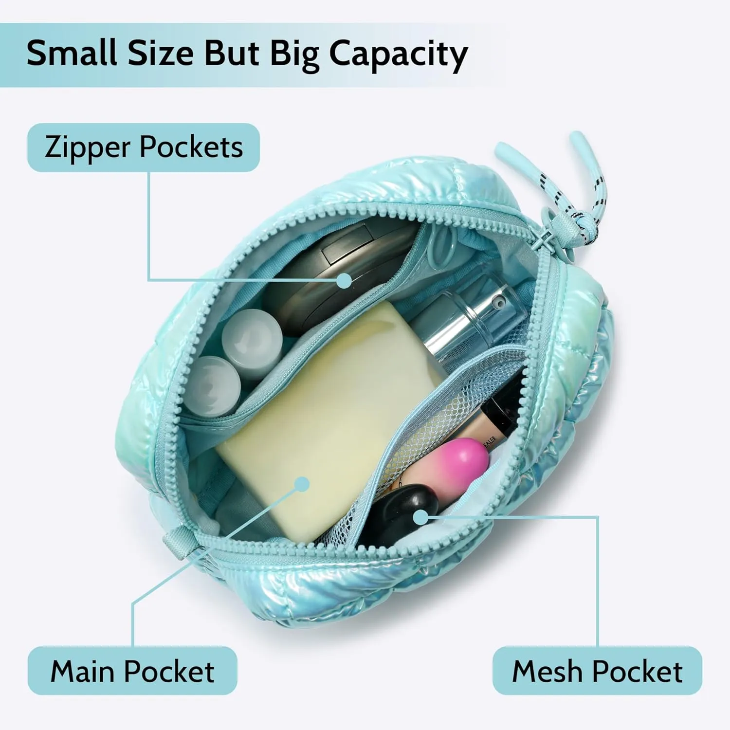 Quilted Cosmetic Bag, Puffer Makeup Bags, Crossbody Purses for women,Cute Travel Toiletry Bag for Women (Dazzling Ice Blue)
