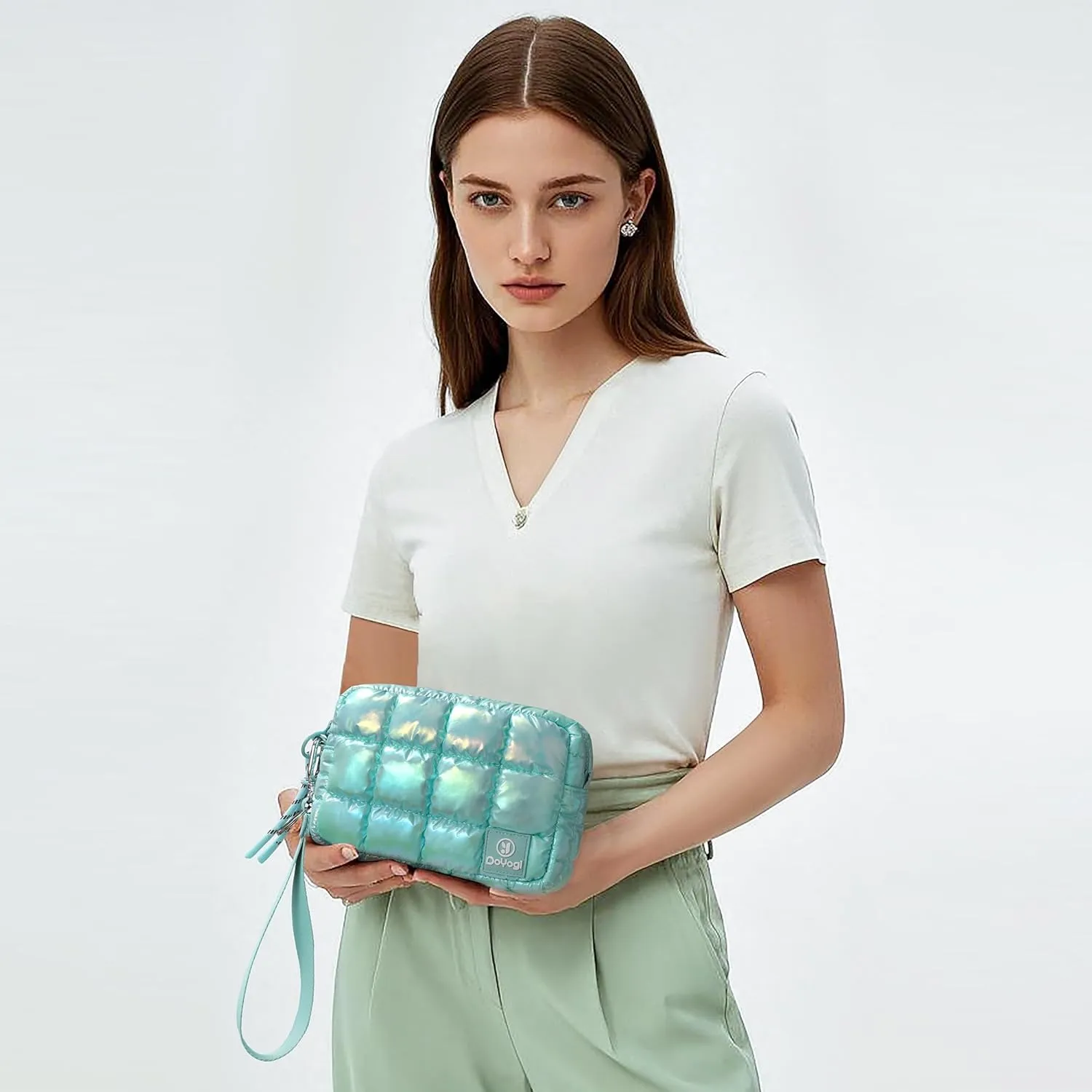 Quilted Cosmetic Bag, Puffer Makeup Bags, Crossbody Purses for women,Cute Travel Toiletry Bag for Women (Dazzling Ice Blue)