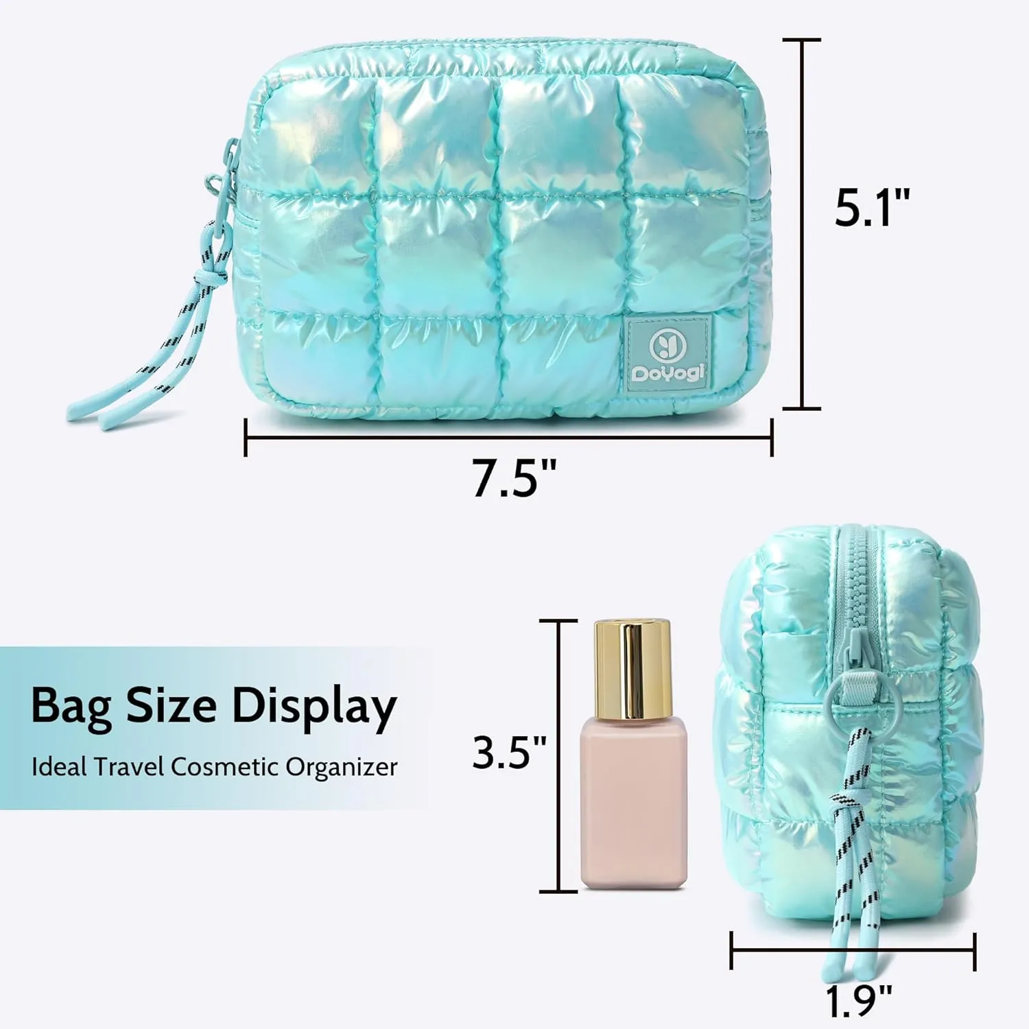 Quilted Cosmetic Bag, Puffer Makeup Bags, Crossbody Purses for women,Cute Travel Toiletry Bag for Women (Dazzling Ice Blue)