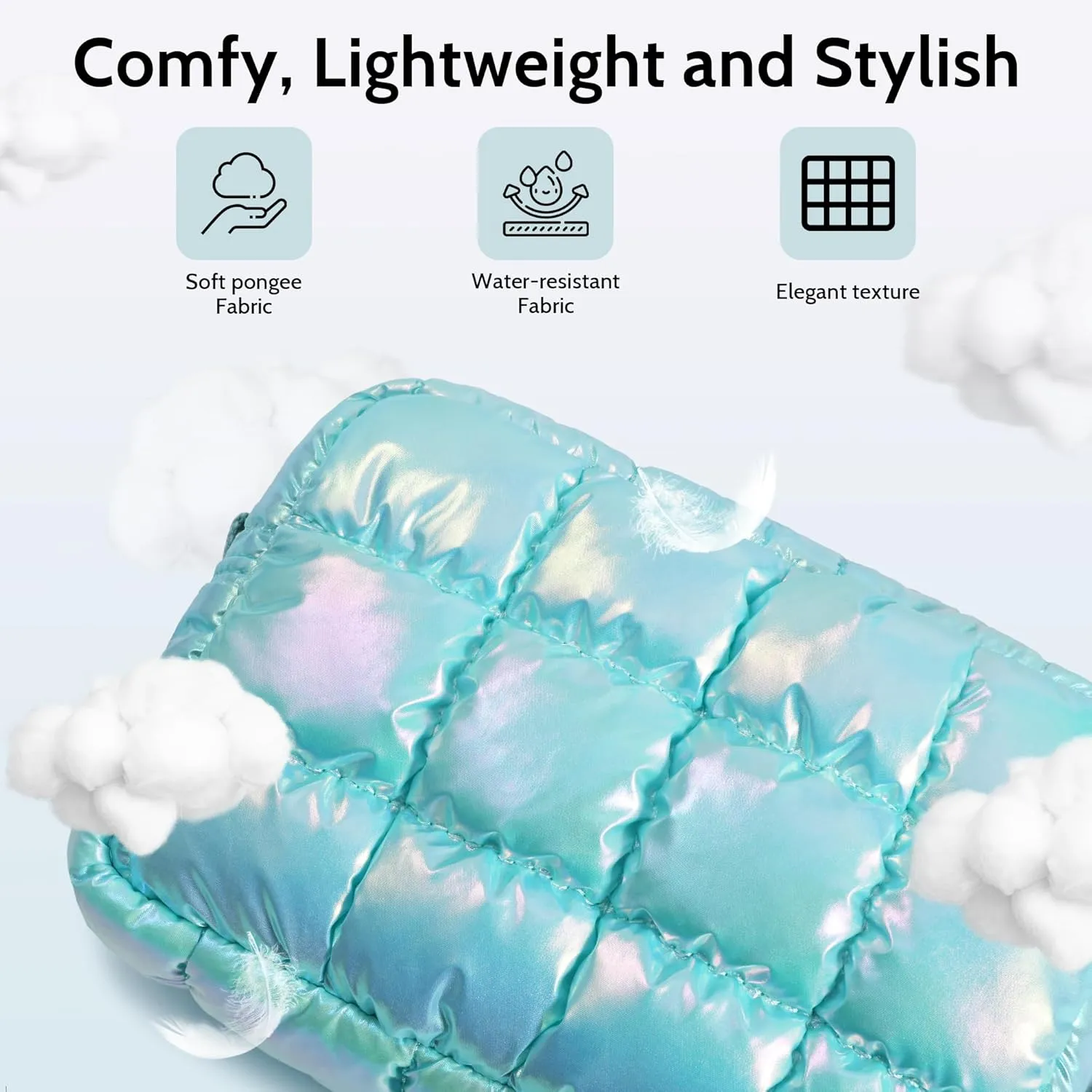 Quilted Cosmetic Bag, Puffer Makeup Bags, Crossbody Purses for women,Cute Travel Toiletry Bag for Women (Dazzling Ice Blue)