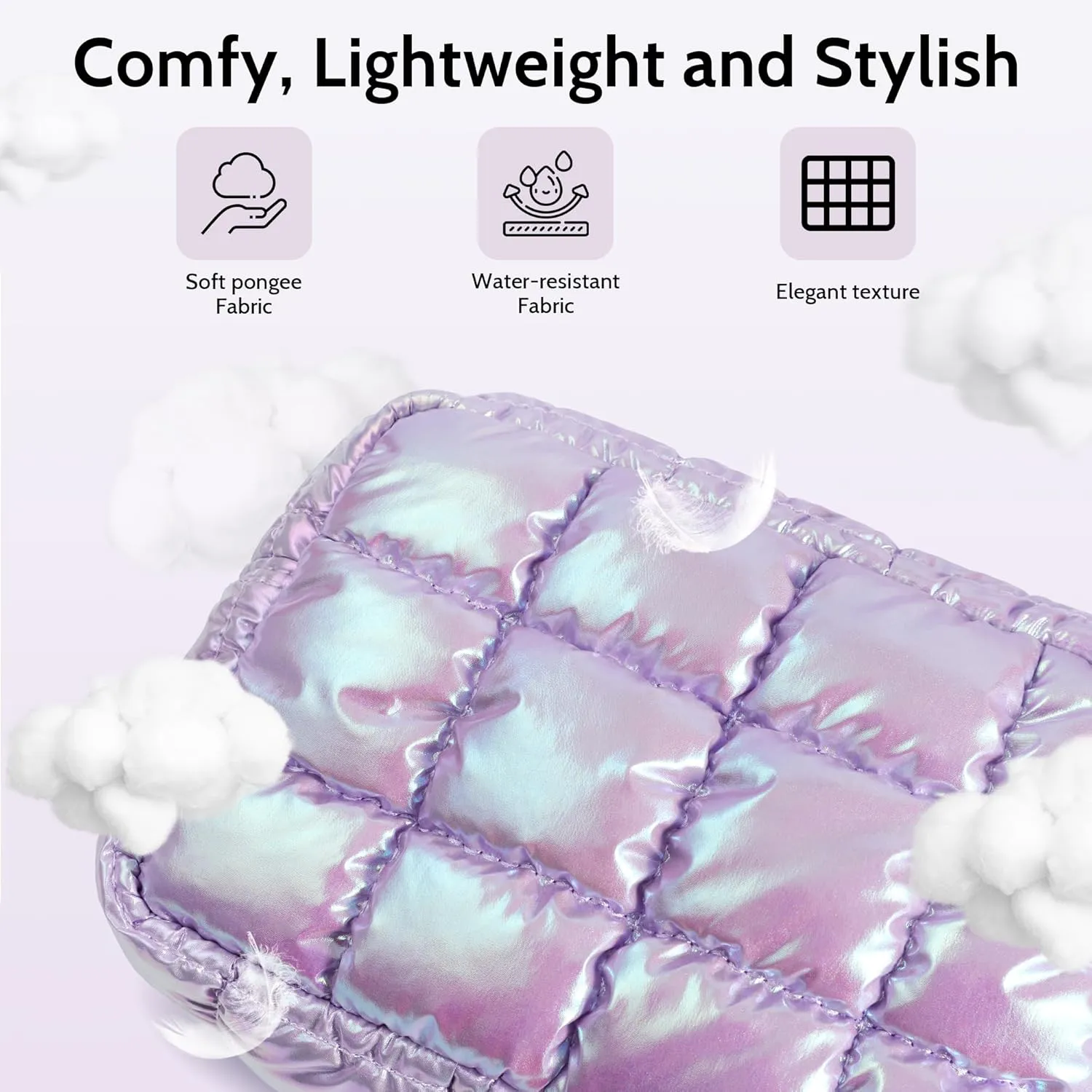 Quilted Cosmetic Bag, Puffer Makeup Bags, Crossbody Purses for women,Cute Travel Toiletry Bag for Women (Dazzling Light Purple)