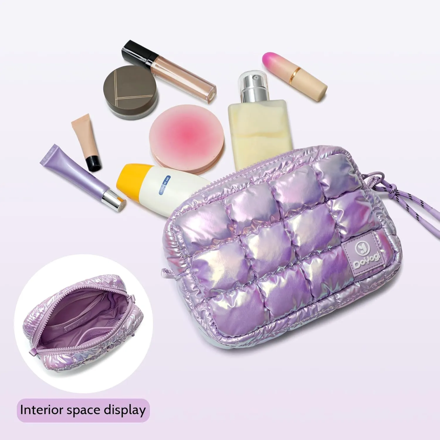 Quilted Cosmetic Bag, Puffer Makeup Bags, Crossbody Purses for women,Cute Travel Toiletry Bag for Women (Dazzling Light Purple)