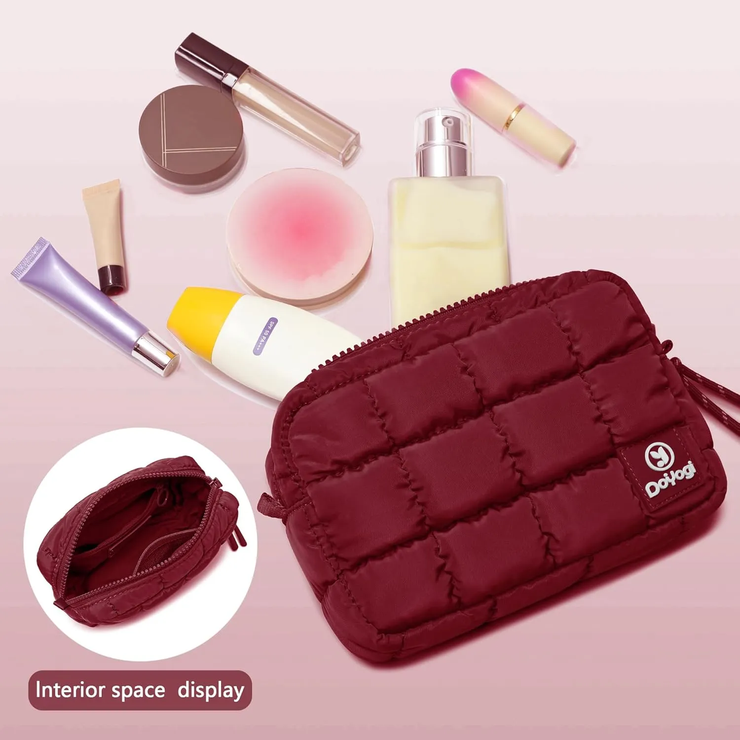 Quilted Cosmetic Bag, Puffer Makeup Bags, Crossbody Purses for women,Cute Travel Toiletry Bag for Women (Wine Red)