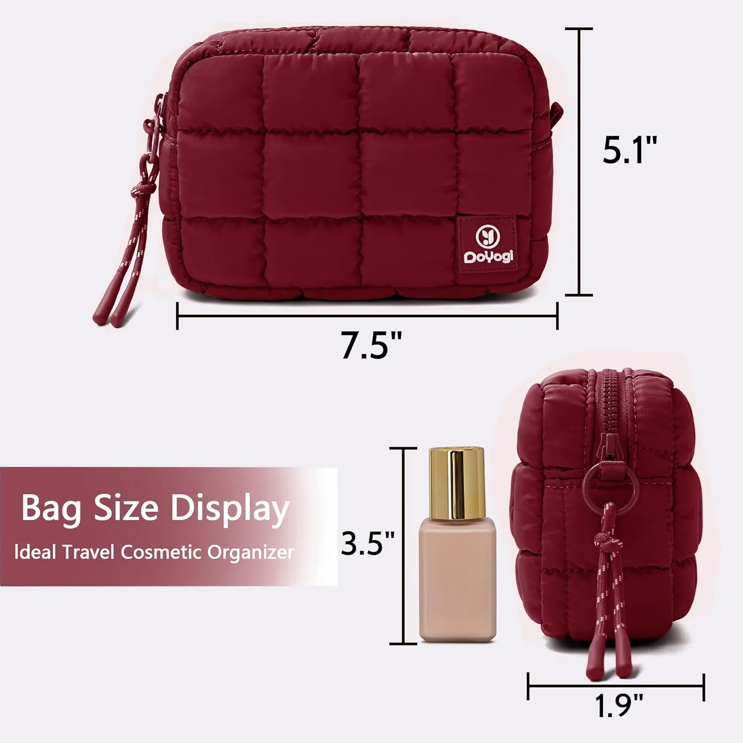 Quilted Cosmetic Bag, Puffer Makeup Bags, Crossbody Purses for women,Cute Travel Toiletry Bag for Women (Wine Red)