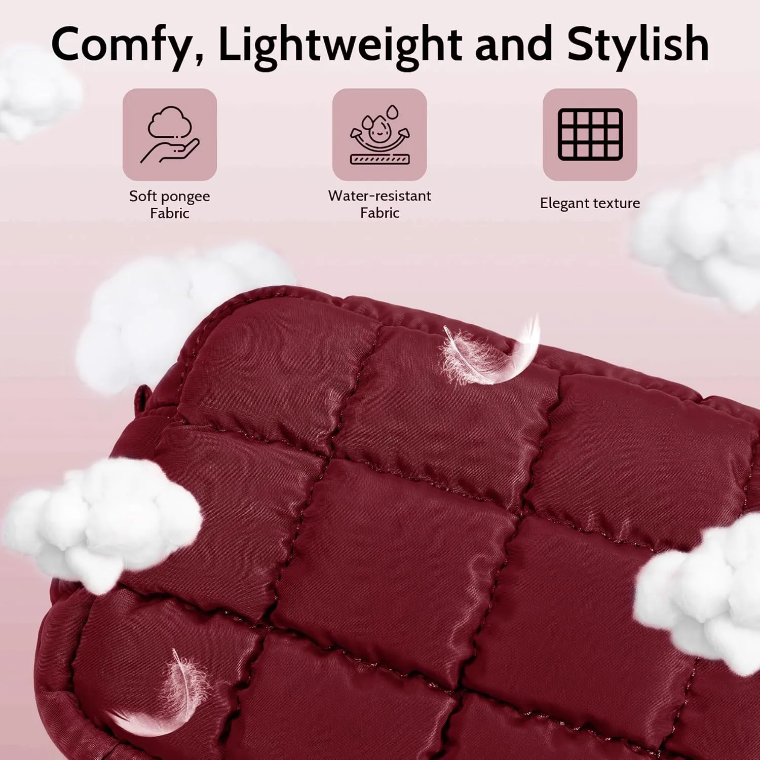 Quilted Cosmetic Bag, Puffer Makeup Bags, Crossbody Purses for women,Cute Travel Toiletry Bag for Women (Wine Red)