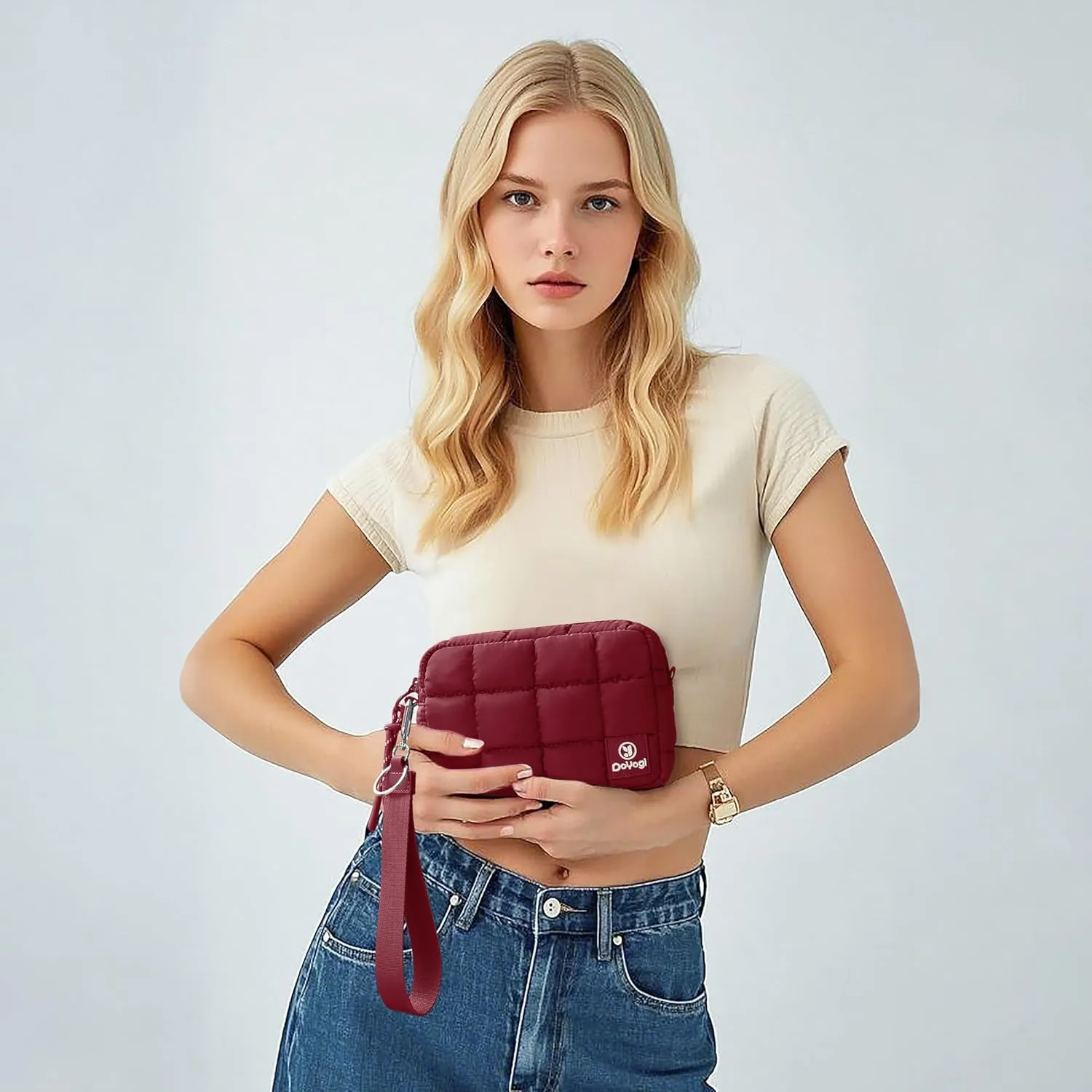 Quilted Cosmetic Bag, Puffer Makeup Bags, Crossbody Purses for women,Cute Travel Toiletry Bag for Women (Wine Red)