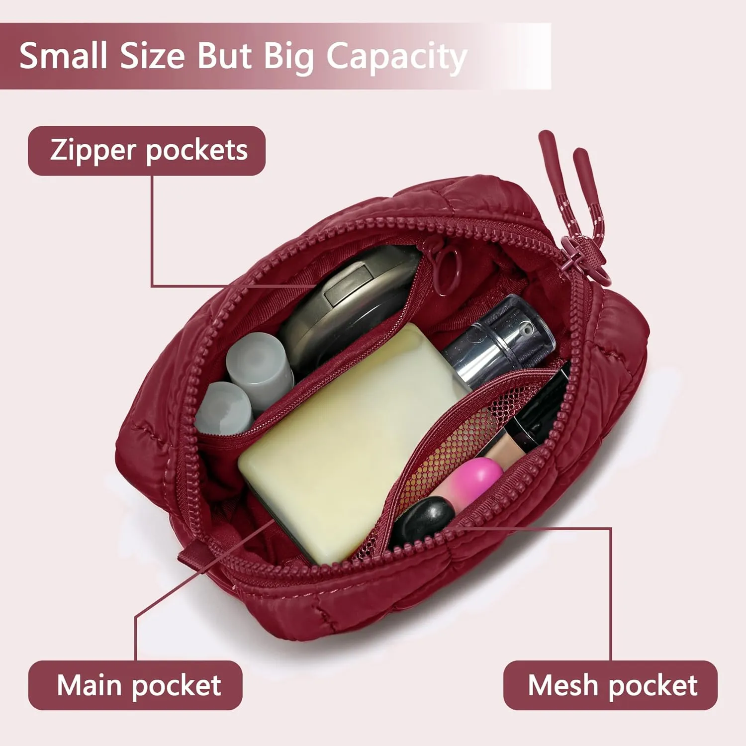 Quilted Cosmetic Bag, Puffer Makeup Bags, Crossbody Purses for women,Cute Travel Toiletry Bag for Women (Wine Red)