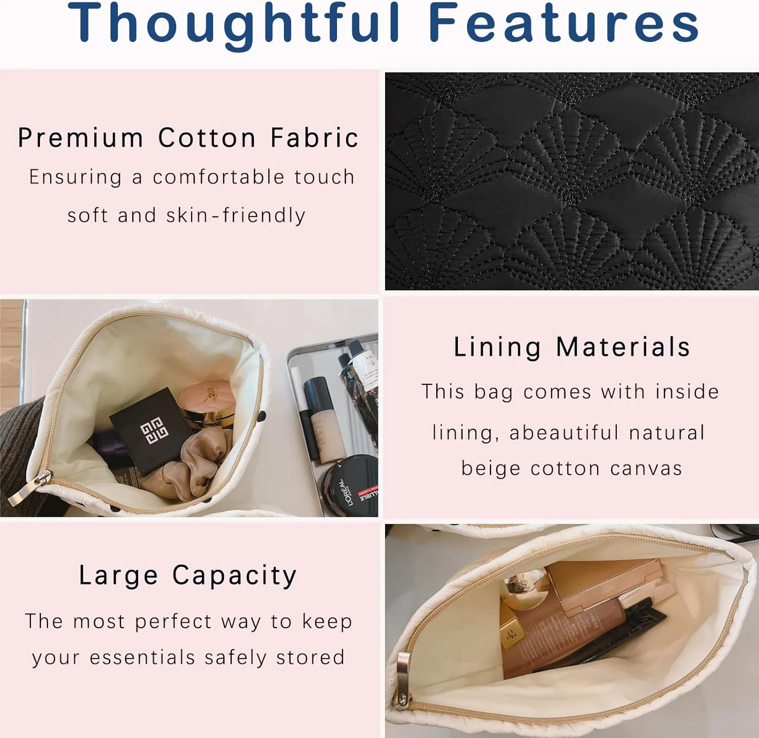 Quilted Cotton Coquette Makeup bag, Coastal Granddaughter Aesthetic Cosmetic Bag, Cute Seashell Portable Travel Toiletry Pouch (02Black)
