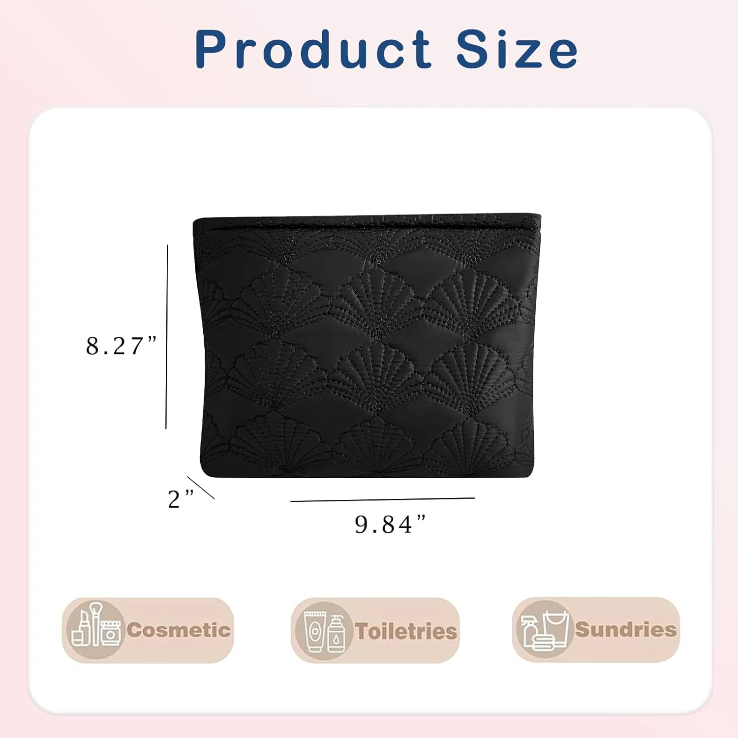 Quilted Cotton Coquette Makeup bag, Coastal Granddaughter Aesthetic Cosmetic Bag, Cute Seashell Portable Travel Toiletry Pouch (02Black)