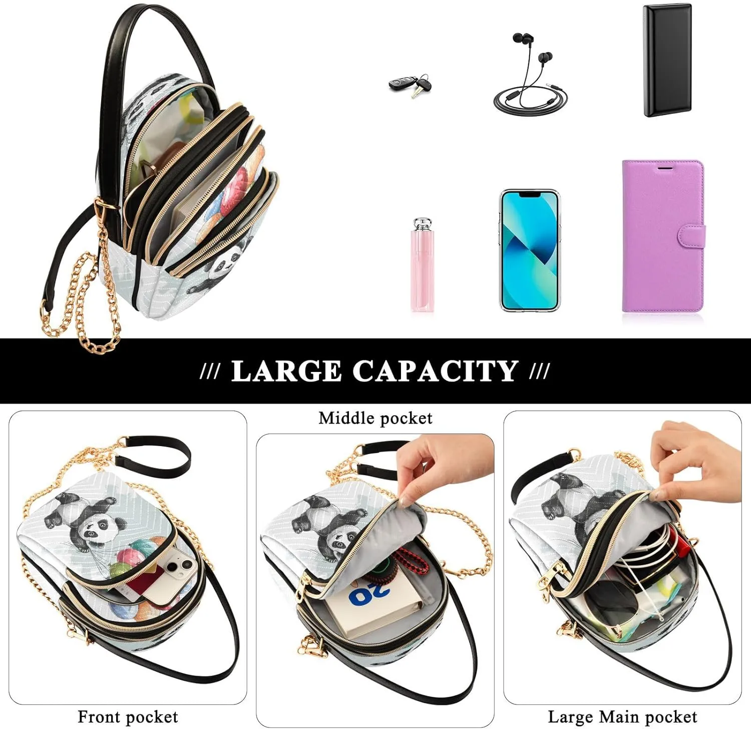 Quilted Crossbody Bags for Women,Cute Funny Panda Bear Women's Crossbody Handbags Animals Small Travel Purses Phone Bag