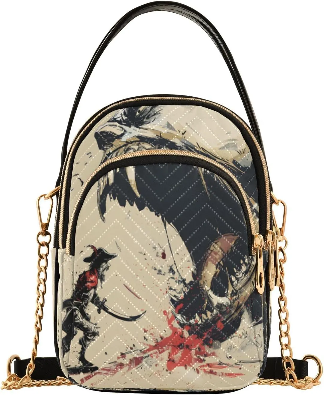 Quilted Crossbody Bags for Women,Mouth Open Trying To Bite A Pirate Attacking It with A Sword Women's Crossbody Handbags Small Travel Purses Phone Bag