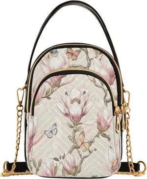 Quilted Crossbody Bags for Women,Romantic Vintage Magnolia Butterfly Women's Crossbody Handbags Small Travel Purses Phone Bag