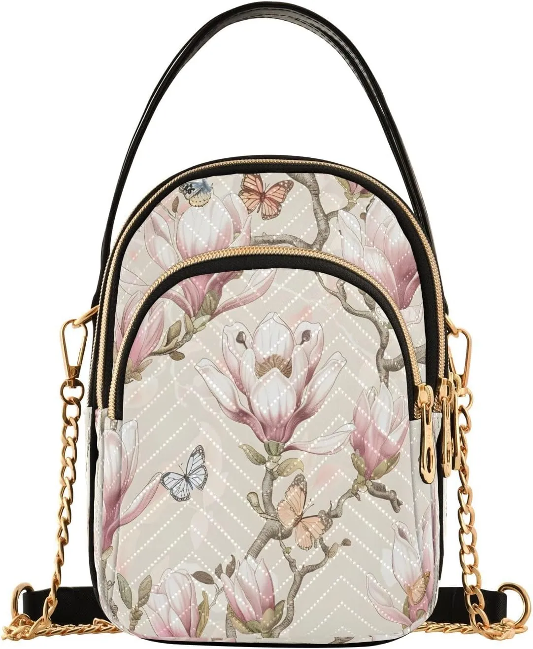Quilted Crossbody Bags for Women,Romantic Vintage Magnolia Butterfly Women's Crossbody Handbags Small Travel Purses Phone Bag