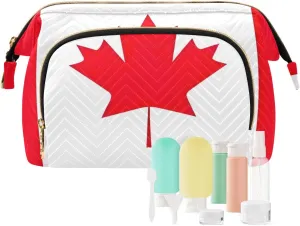 Quilted Makeup Bags with 9-Piece Accessory Set, Canada Flag Traveling Makeup Bag Organizer Toiletry Bag Makeup Pouch Cosmetics Pouch Makeup Bag