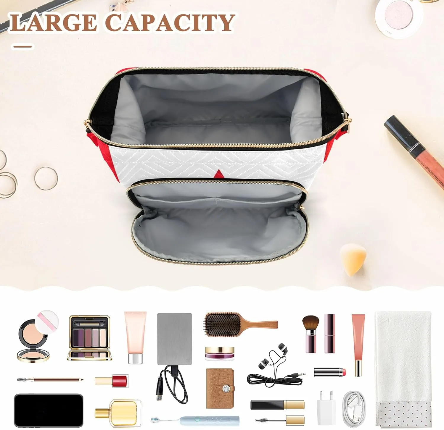 Quilted Makeup Bags with 9-Piece Accessory Set, Canada Flag Traveling Makeup Bag Organizer Toiletry Bag Makeup Pouch Cosmetics Pouch Makeup Bag
