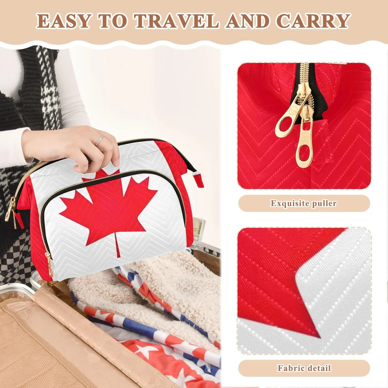 Quilted Makeup Bags with 9-Piece Accessory Set, Canada Flag Traveling Makeup Bag Organizer Toiletry Bag Makeup Pouch Cosmetics Pouch Makeup Bag