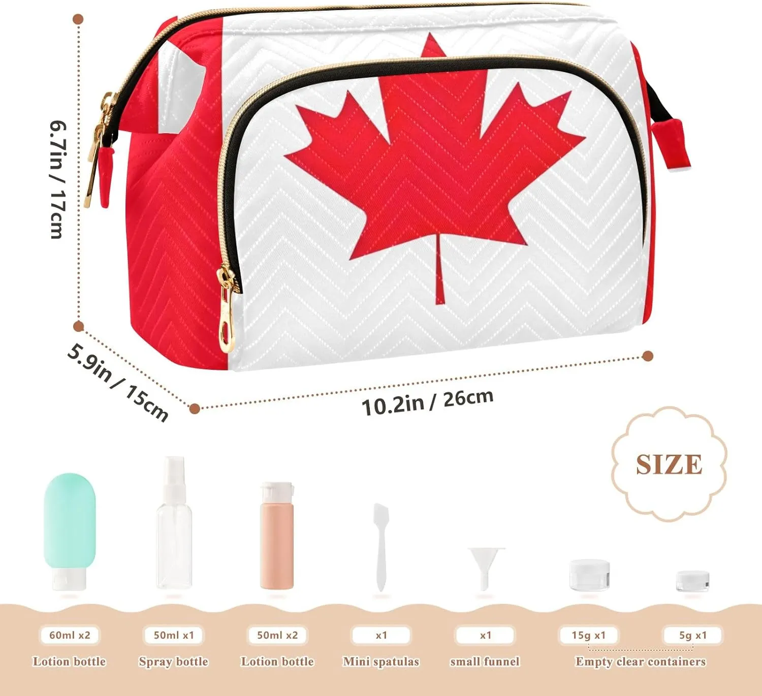 Quilted Makeup Bags with 9-Piece Accessory Set, Canada Flag Traveling Makeup Bag Organizer Toiletry Bag Makeup Pouch Cosmetics Pouch Makeup Bag