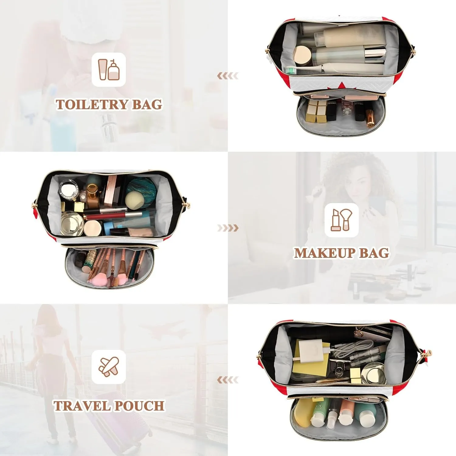 Quilted Makeup Bags with 9-Piece Accessory Set, Canada Flag Traveling Makeup Bag Organizer Toiletry Bag Makeup Pouch Cosmetics Pouch Makeup Bag