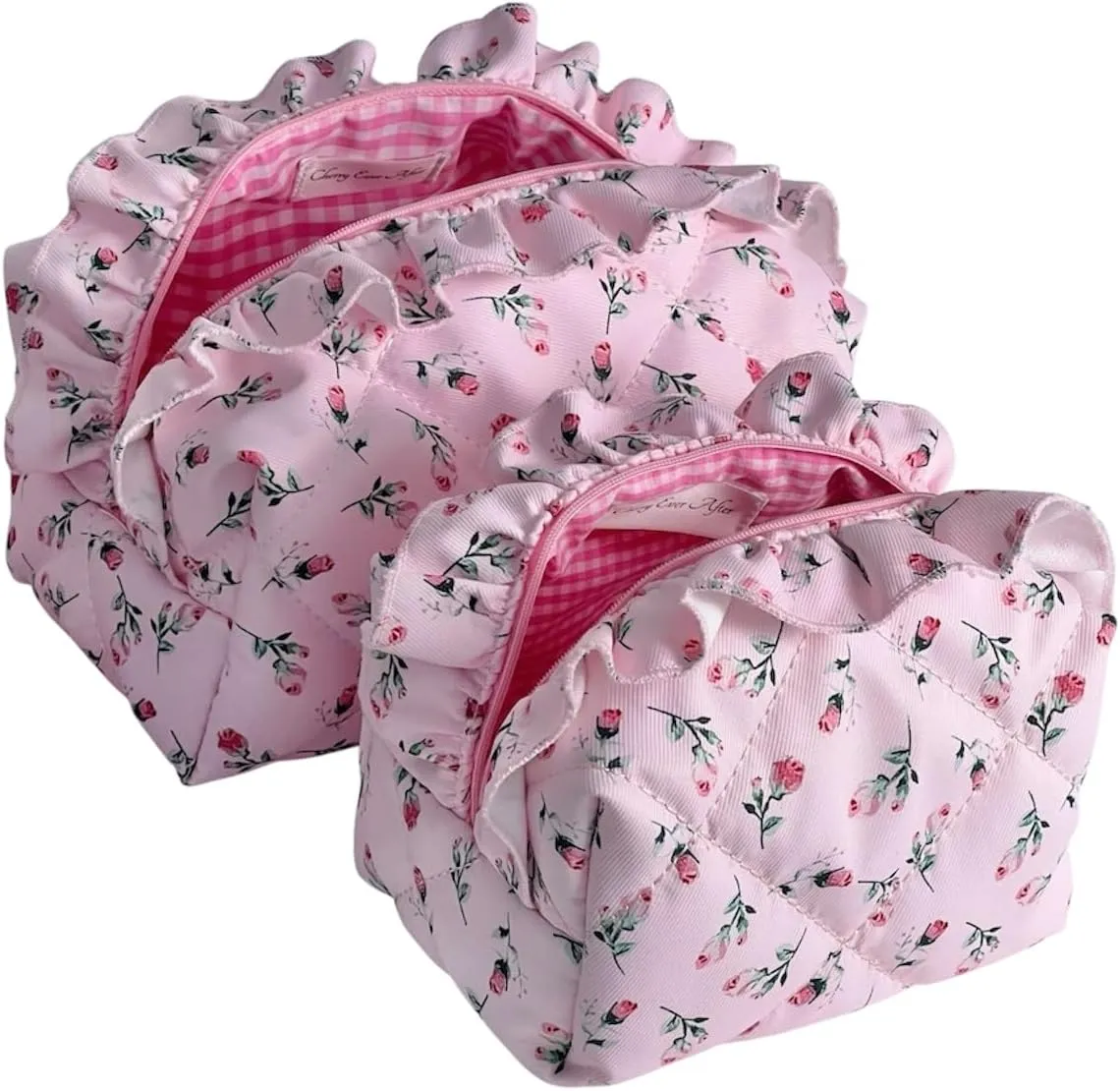 Quilted Pink Rose Ruffle Makeup Bag Set of 2, Cute Girly Floral Pouches, Cotton Large & Small Toiletry Bags, Coquette Pouches for Organization, Travel Pouch Set, Aesthetic Gifts for Women Girls