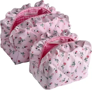 Quilted Pink Rose Ruffle Makeup Bag Set of 2, Cute Girly Floral Pouches, Cotton Large & Small Toiletry Bags, Coquette Pouches for Organization, Travel Pouch Set, Aesthetic Gifts for Women Girls