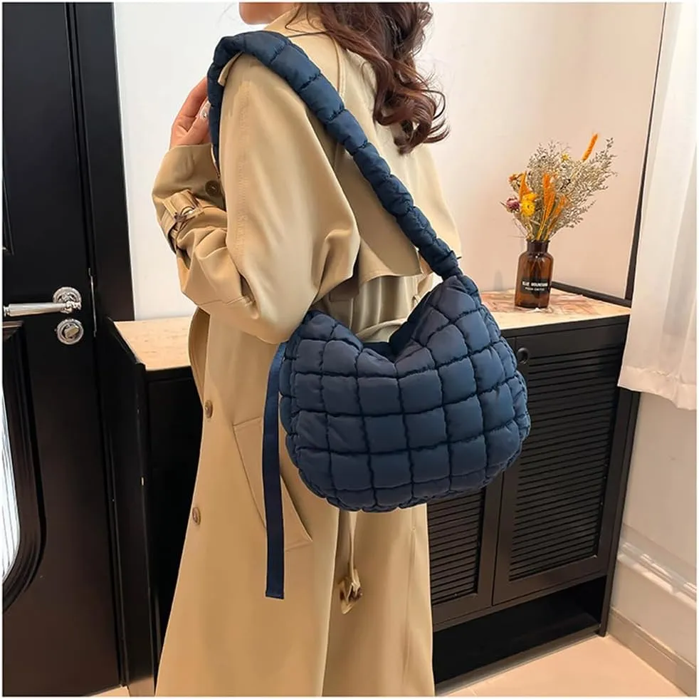 Quilted Puffer Crossbody Bag for Women, Lightweight Nylon Shoulder Bag with Adjustable Strap & Zippered Pockets, Medium