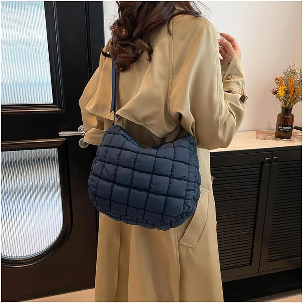 Quilted Puffer Crossbody Bag for Women, Lightweight Nylon Shoulder Bag with Adjustable Strap & Zippered Pockets, Medium