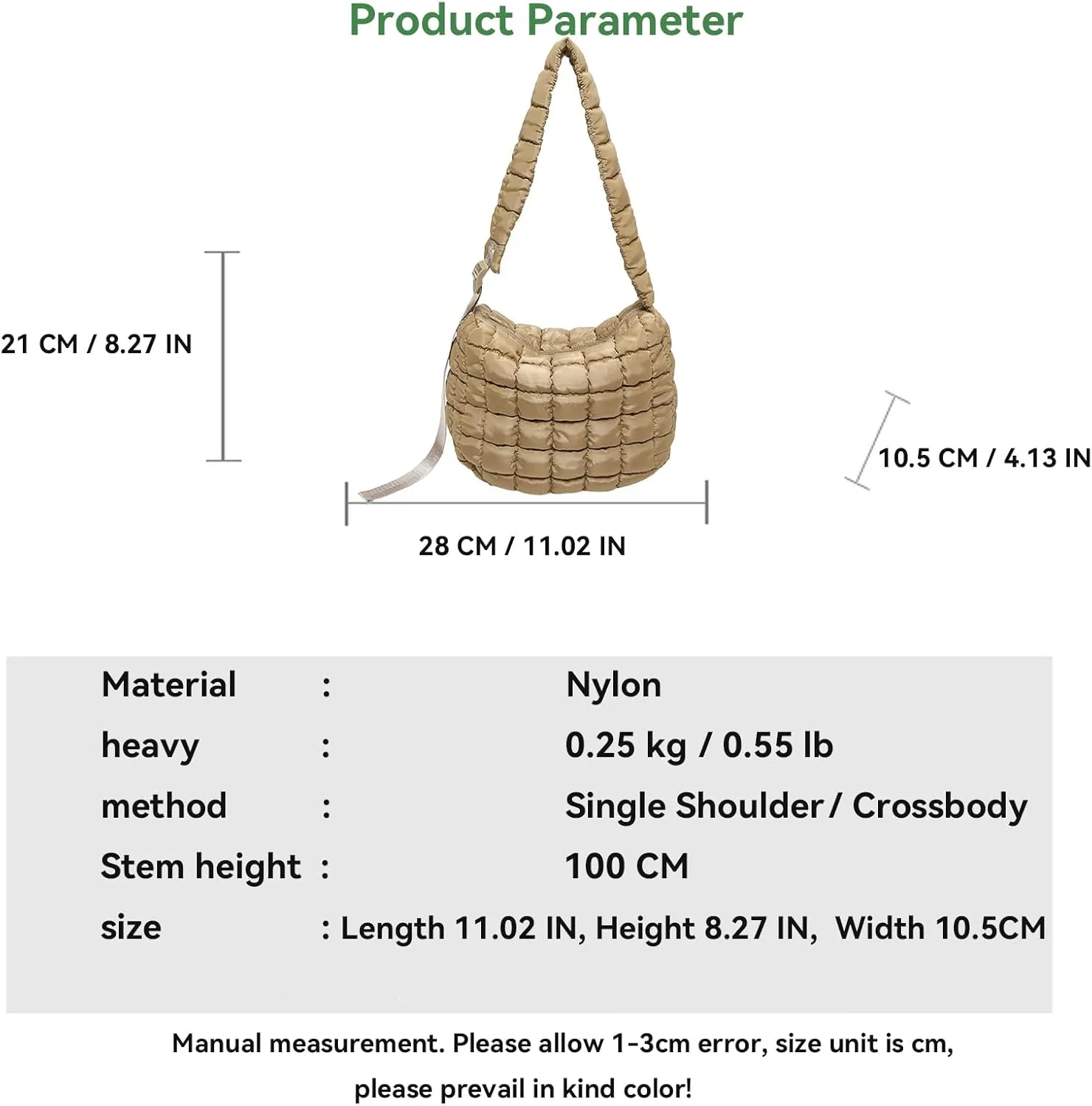 Quilted Puffer Crossbody Bag for Women, Lightweight Nylon Shoulder Bag with Adjustable Strap & Zippered Pockets, Medium