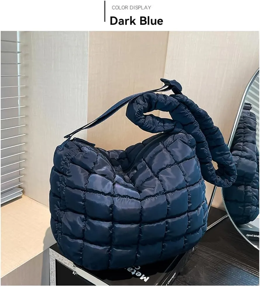 Quilted Puffer Crossbody Bag for Women, Lightweight Nylon Shoulder Bag with Adjustable Strap & Zippered Pockets, Medium