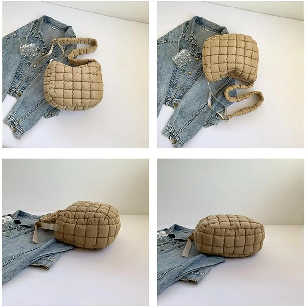 Quilted Puffer Crossbody Bag for Women, Lightweight Nylon Shoulder Bag with Adjustable Strap & Zippered Pockets, Medium