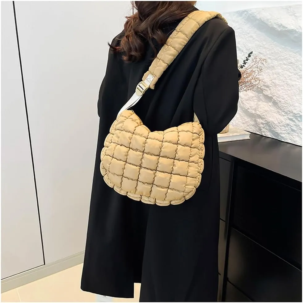 Quilted Puffer Crossbody Bag for Women, Lightweight Nylon Shoulder Bag with Adjustable Strap & Zippered Pockets, Medium
