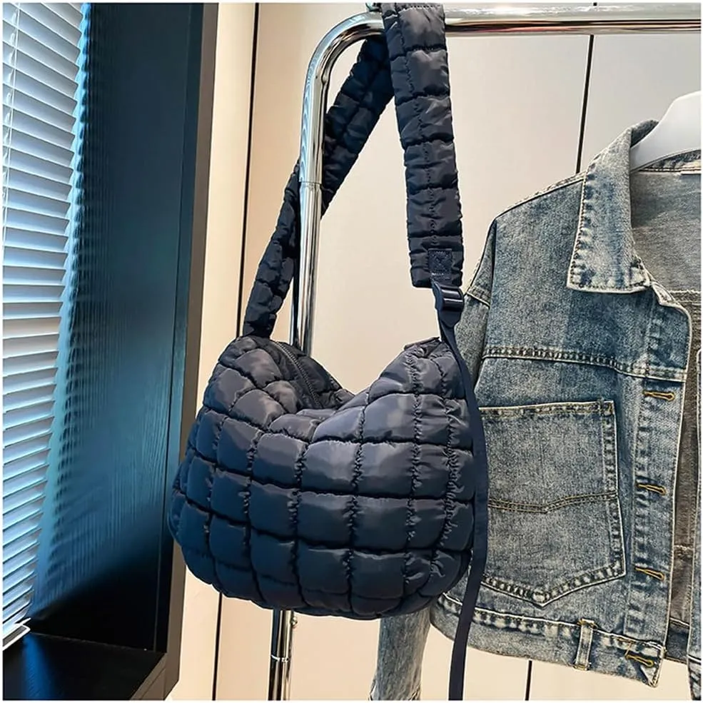 Quilted Puffer Crossbody Bag for Women, Lightweight Nylon Shoulder Bag with Adjustable Strap & Zippered Pockets, Medium