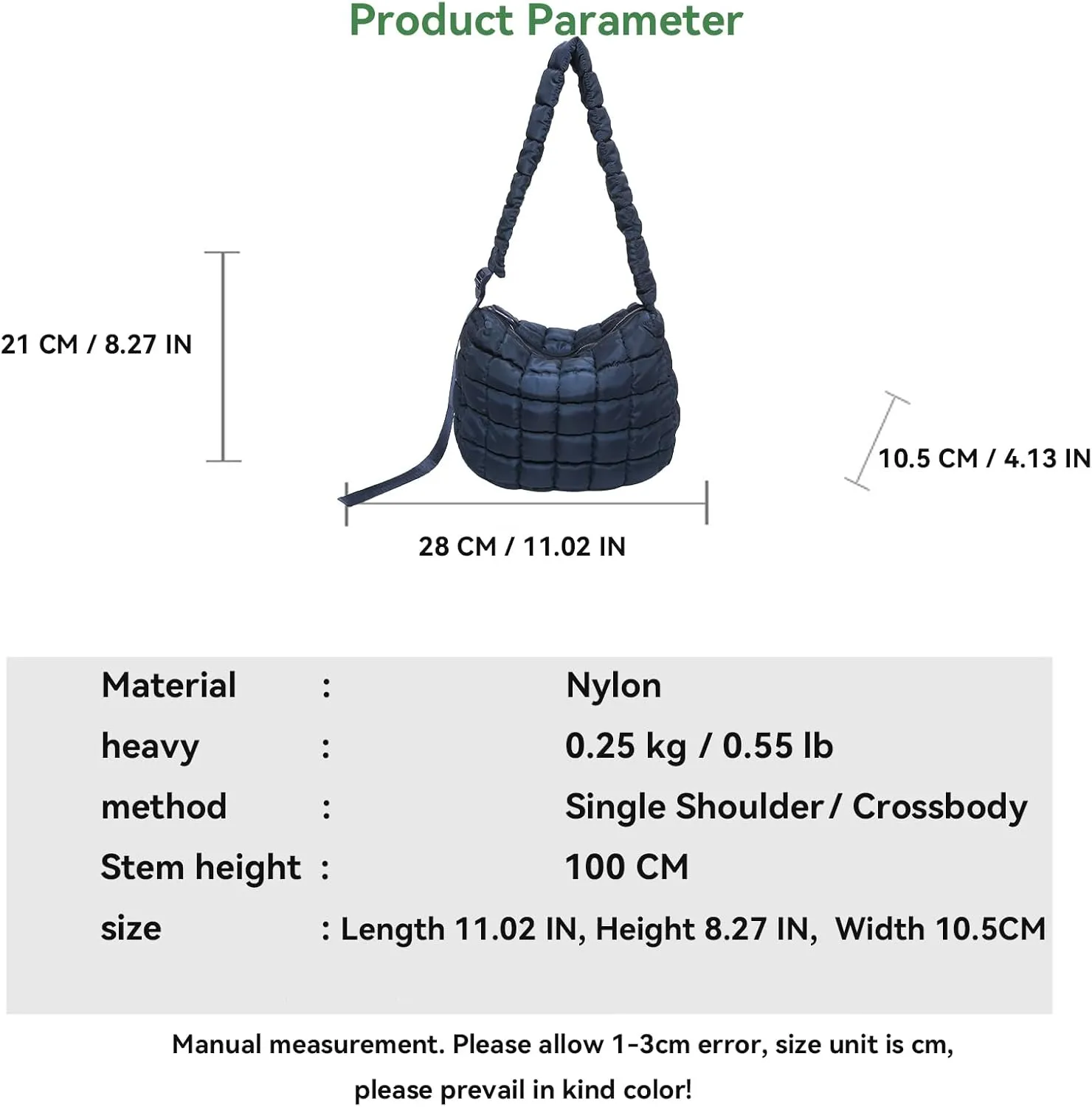 Quilted Puffer Crossbody Bag for Women, Lightweight Nylon Shoulder Bag with Adjustable Strap & Zippered Pockets, Medium