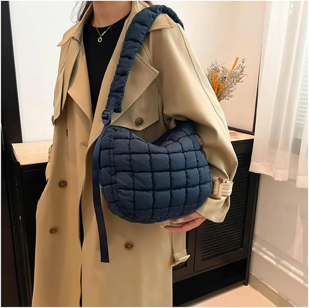Quilted Puffer Crossbody Bag for Women, Lightweight Nylon Shoulder Bag with Adjustable Strap & Zippered Pockets, Medium