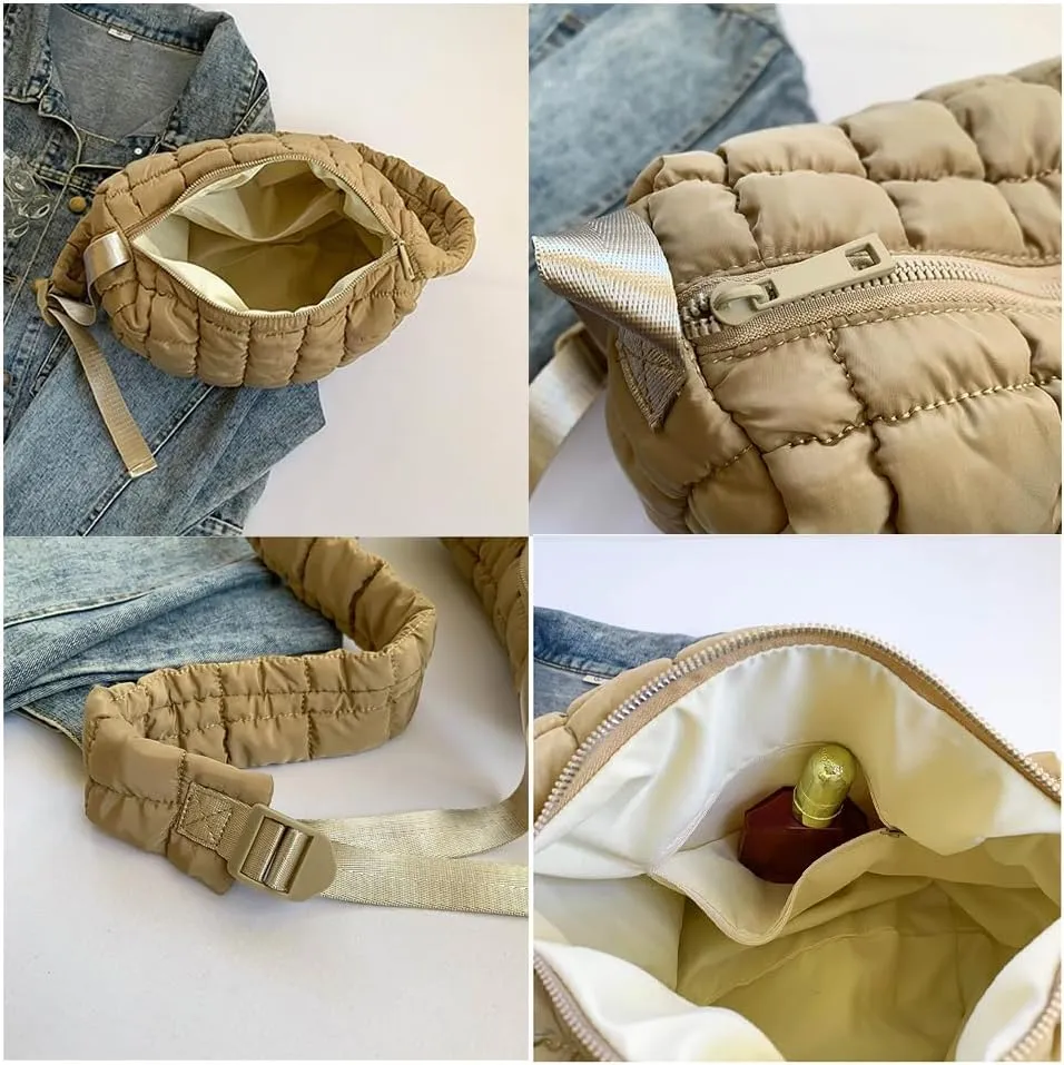 Quilted Puffer Crossbody Bag for Women, Lightweight Nylon Shoulder Bag with Adjustable Strap & Zippered Pockets, Medium