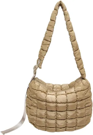 Quilted Puffer Crossbody Bag for Women, Lightweight Nylon Shoulder Bag with Adjustable Strap & Zippered Pockets, Medium