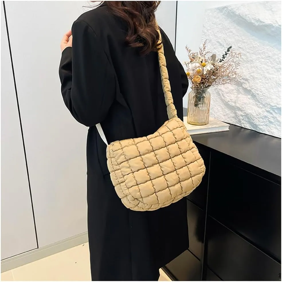Quilted Puffer Crossbody Bag for Women, Lightweight Nylon Shoulder Bag with Adjustable Strap & Zippered Pockets, Medium