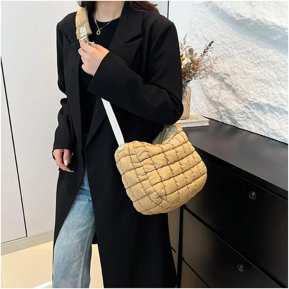 Quilted Puffer Crossbody Bag for Women, Lightweight Nylon Shoulder Bag with Adjustable Strap & Zippered Pockets, Medium