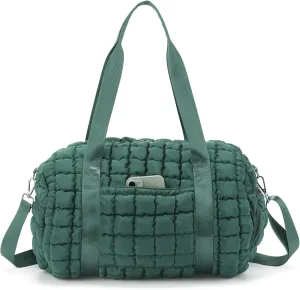 Quilted Puffer Duffel Bag for Women, Large Sports Travel Puffer Weekender Bag with Shoe Compartment, Soft Puffy Carry on Gym Bag for Airplane,Green