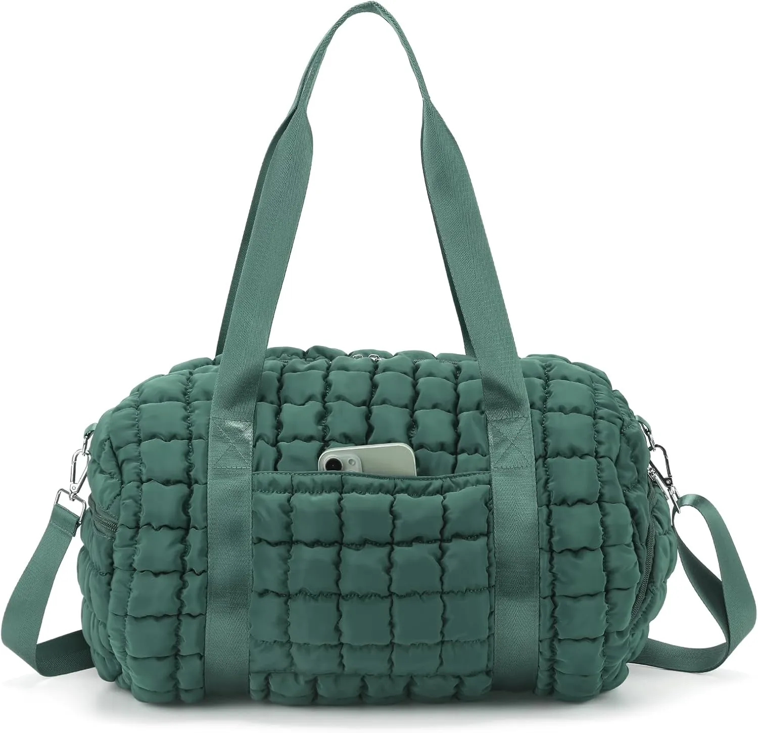 Quilted Puffer Duffel Bag for Women, Large Sports Travel Puffer Weekender Bag with Shoe Compartment, Soft Puffy Carry on Gym Bag for Airplane,Green