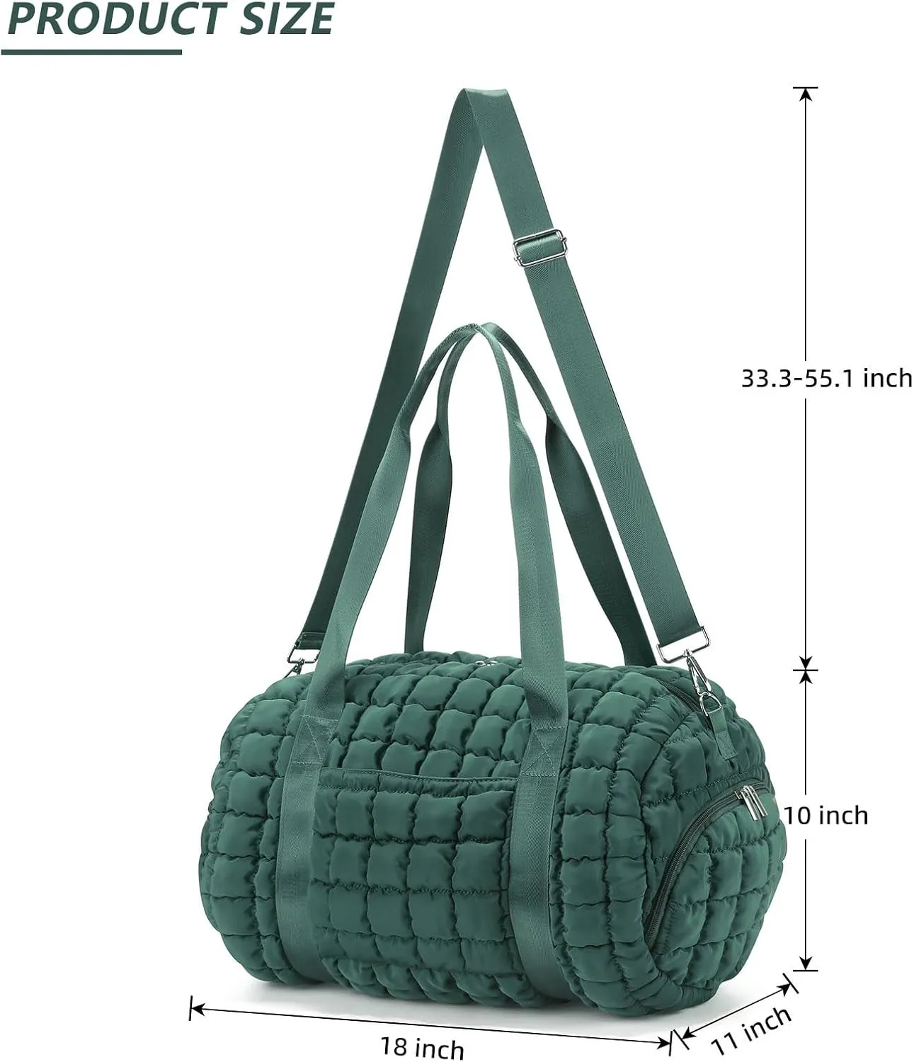 Quilted Puffer Duffel Bag for Women, Large Sports Travel Puffer Weekender Bag with Shoe Compartment, Soft Puffy Carry on Gym Bag for Airplane,Green