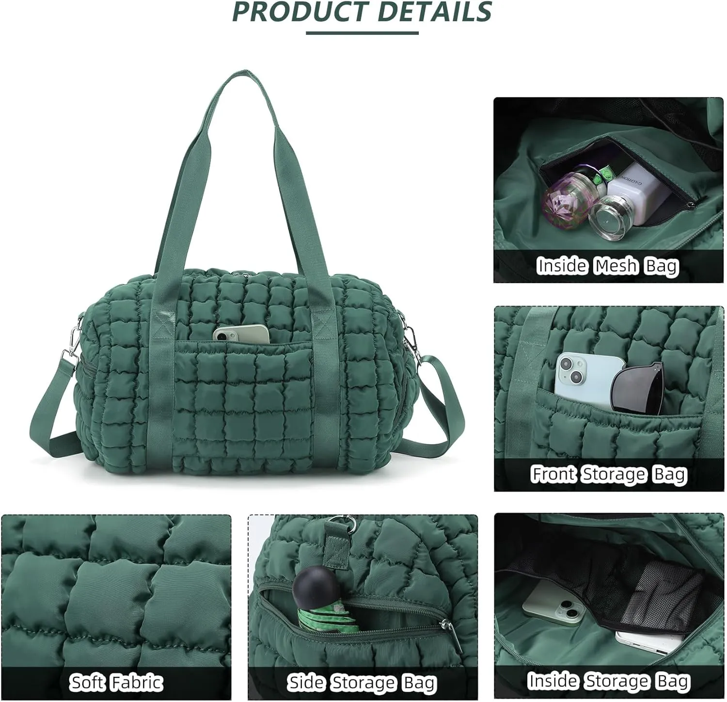 Quilted Puffer Duffel Bag for Women, Large Sports Travel Puffer Weekender Bag with Shoe Compartment, Soft Puffy Carry on Gym Bag for Airplane,Green