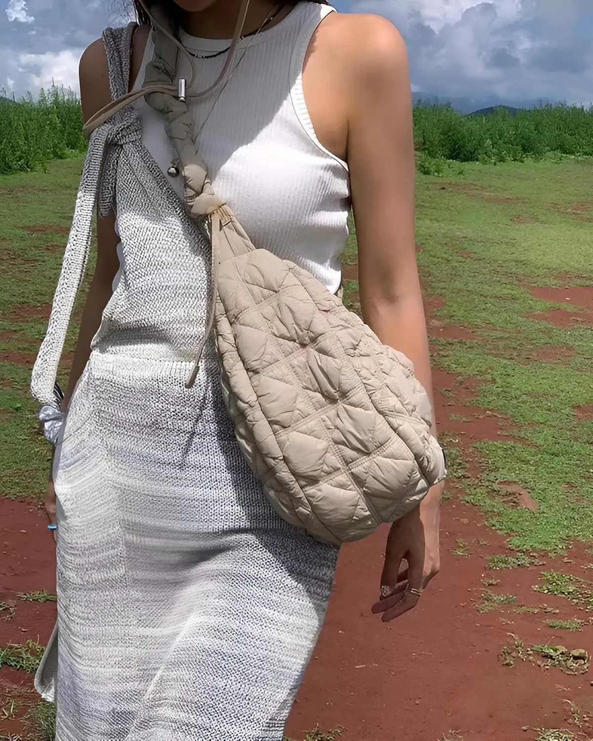 Quilted Puffer Shoulder Bag for Women Crossbody Bags Purse Handbag Carryall Adjustable Crescent Dumpling Sling Bag