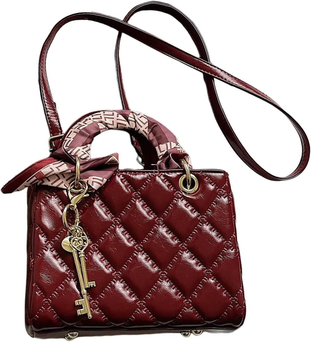 QWINEE Women's Retro Vintage Double Handle Handbag Zipper Geo Quilted Small Crossbody Bags