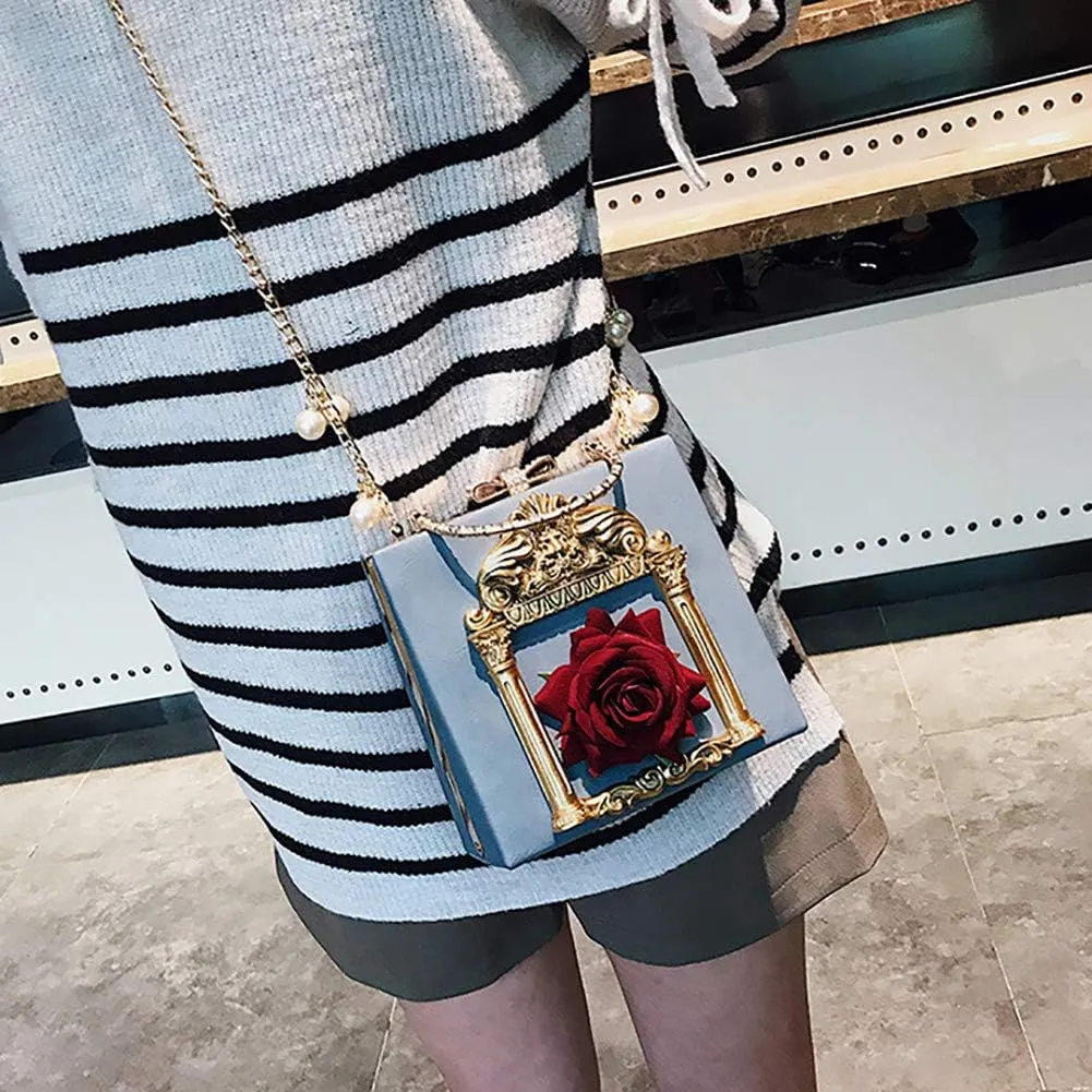 QZUnique Women Love Angel Floral Evening Bag Rose Embossed Formal Purse Clutch Black Gold Crossbody Pearl Chain Shoulder Bag
