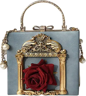 QZUnique Women Love Angel Floral Evening Bag Rose Embossed Formal Purse Clutch Black Gold Crossbody Pearl Chain Shoulder Bag